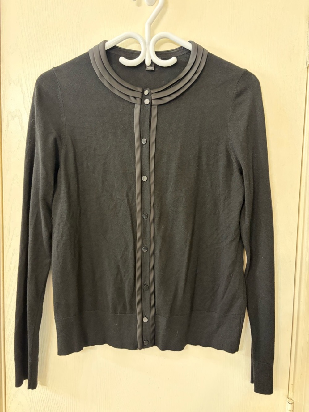 Ann Taylor Black Button-Front Cardigan with Satin Trim